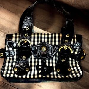 Stuart Weitzman Like New Vintage Y2K Purse Plaid Black Paten Leather & Gold